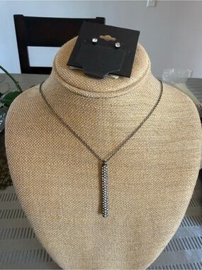 Crystal Bar Pendant Necklace + Stud Earring Set Gunmetal Pave Boutique NWT